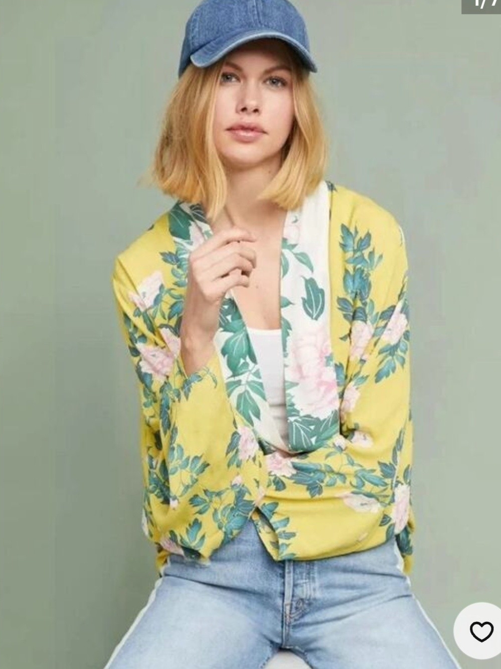 Anthropologie Yellow Floral Open-Front Cardigan with Pink & Green Accents